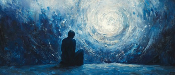 Fototapeta premium Person sits before swirling blue white light
