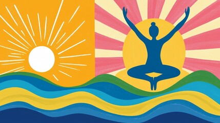 Activity routine productivity Balance. A vibrant illustration depicts a meditating figure against a sunlit background, surrounded by stylized waves, symbolizing tranquility and mindfulness.