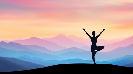 Fototapeta premium Activity routine productivity Balance. A silhouette of a person practicing yoga at sunset, surrounded by serene mountains and a colorful sky, evoking peace and tranquility.