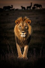 Obraz premium araffe walking in the grass with other animals in the background