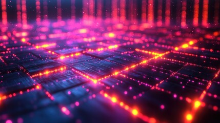 Fototapeta premium Abstract digital grid, glowing squares, vibrant lights, futuristic background