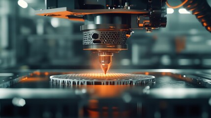 Close-Up of Advanced Metal 3D Printing Machine in Industrial Setting With Glowing Orange Light Representing Innovation