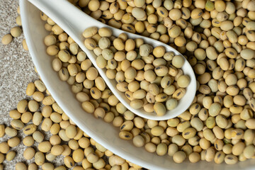 Uncooked soybean seeds in a spoon and plate top view