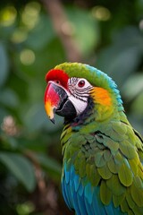 araffe parrot with a red head and green feathers sitting on a branch