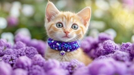 Cute kitten in purple flowers