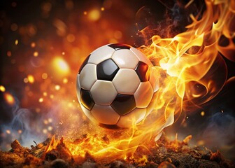 Fototapeta premium Burning Soccer Ball with Dramatic Bokeh Effect - Stock Photo