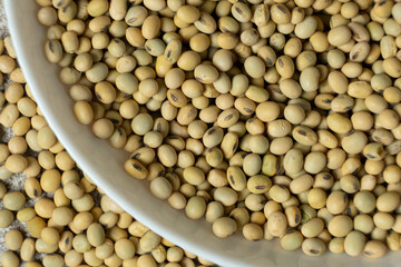 Uncooked soybean seeds in a plate top view
