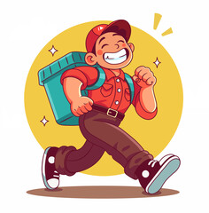 deliveryman, cartoon, character, walking, backpack, illustration, cheerful, delivery guy, young, food, boy, delivery boy, delivery, guy, man, happy, little, smiling, cute, funny, food delivery, runnin