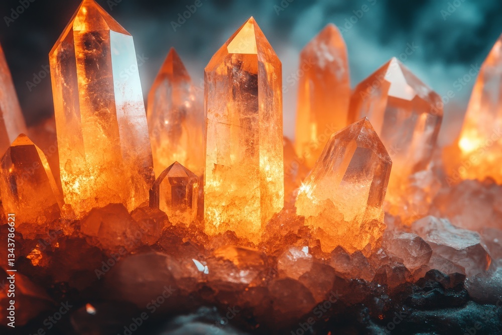 Aufkleber vibrant orange crystals glowing in ethereal light create a mystical atmosphere in a dark setting
