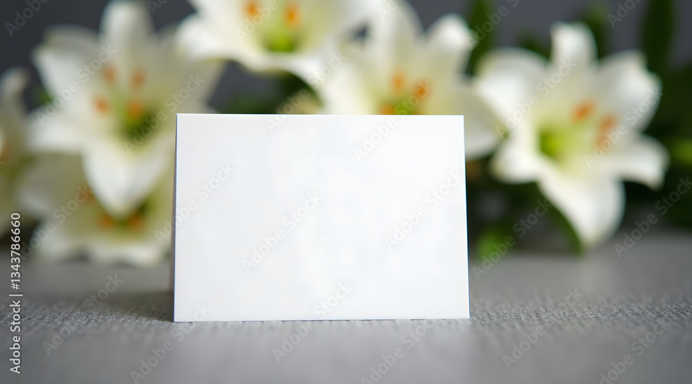 Poster a blank white card stands on a textured surface in front of elegant white lilies, creating a serene 
