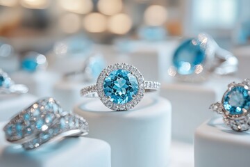 Beautiful blue gemstone rings displayed elegantly in a jewelry store setting