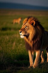 Obraz premium there is a lion walking in the grass with other animals in the background