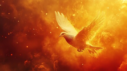 Dove in Fiery Glow as Symbolic Representation of Peace, Hope, and Freedom in Vibrant Golden Light