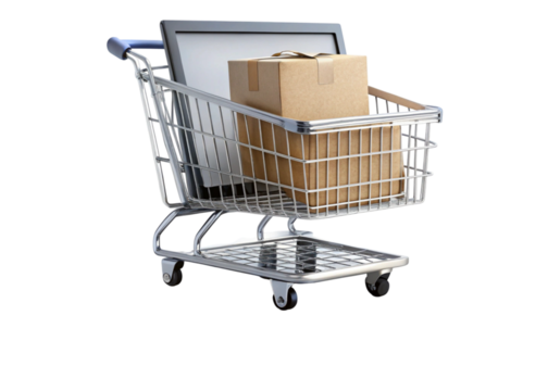 Shopping cart with boxes on a laptop, representing online shopping and express checkout on a white background.