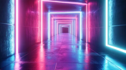 A neon-lit corridor creates a futuristic and immersive atmosphere.