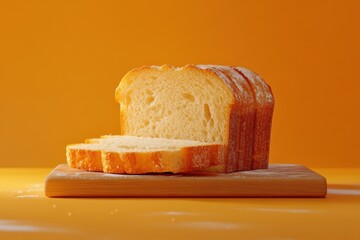 Freshly sliced sourdough bread loaf placed on a wooden cutting board with powdered flour on a vibrant orange background 