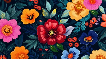 A seamless floral embroidery pattern designed for fabric printing, featuring bright and detailed botanical elements