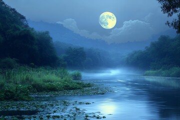 Moonlit river landscape at night with reflective water and lush vegetation