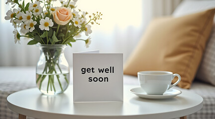 A cozy scene featuring a vase of flowers beside a white card saying get well soon and a teacup on a round table in a warm, inviting room