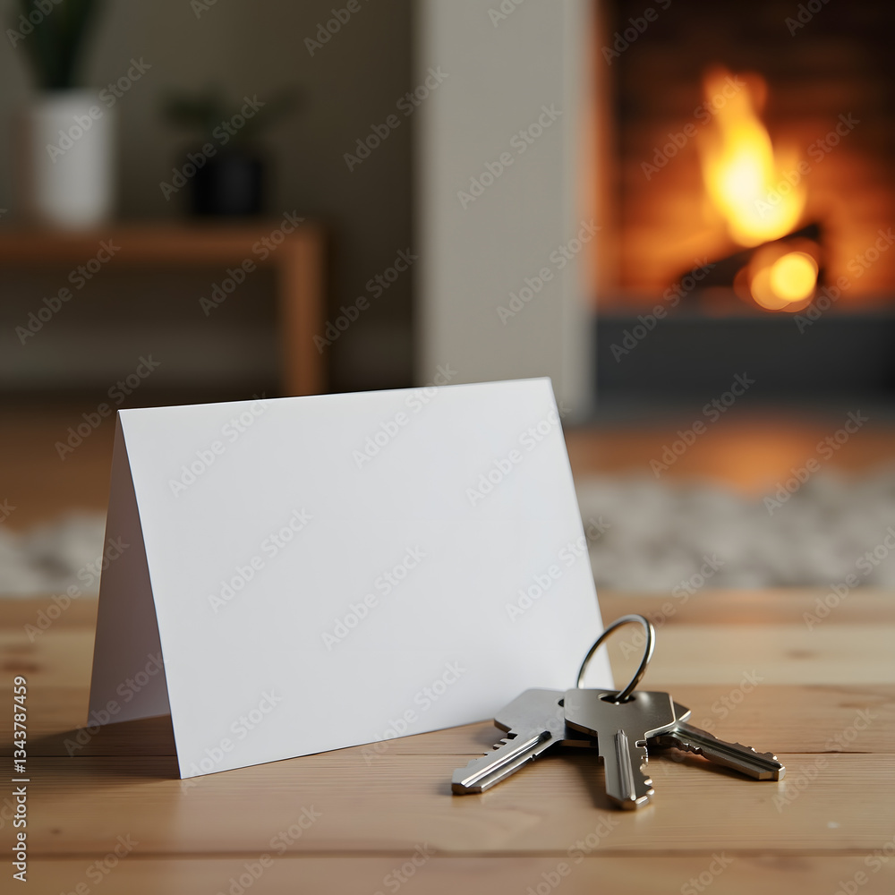 Poster a close-up of keys resting on a wooden surface beside a blank card in a cozy room with a fireplace g