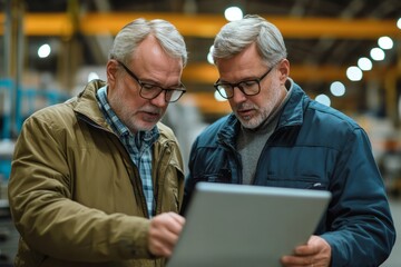 Two middle aged men looking intently at a tablet