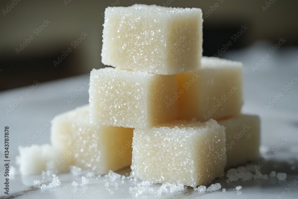 Poster Sugar cubes stacked on a marble surface create an inviting still life scene with a soft glow