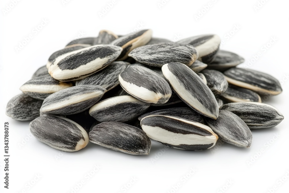 Poster sunflower seeds stacked in a neat pile showcasing their distinct black and white patterns
