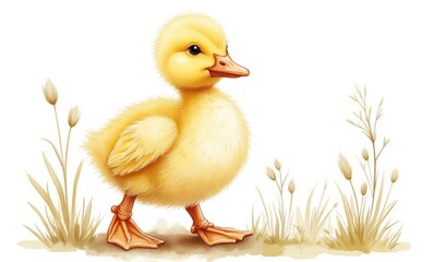 Cute yellow duckling in grass
