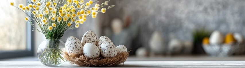 Obraz premium Beautiful Spring Decor with Eggs and Flowers on Wooden Table
