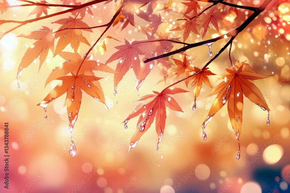 Poster vibrant autumn leaves with raindrops against a soft, blurred background of warm colors and bokeh eff