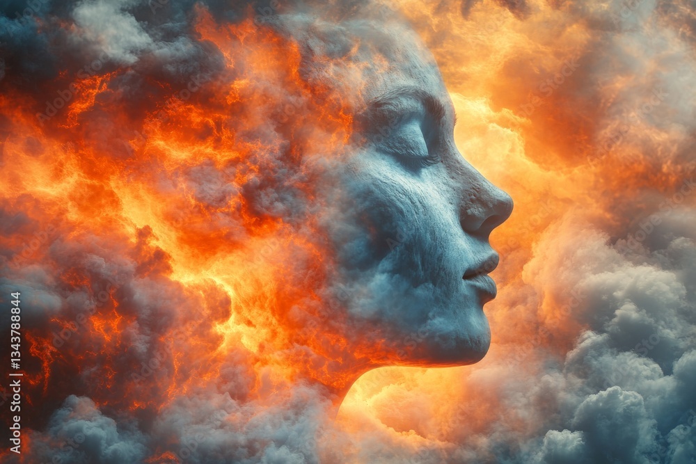 Aufkleber mysterious figure emerges from clouds with fiery background representing emotions