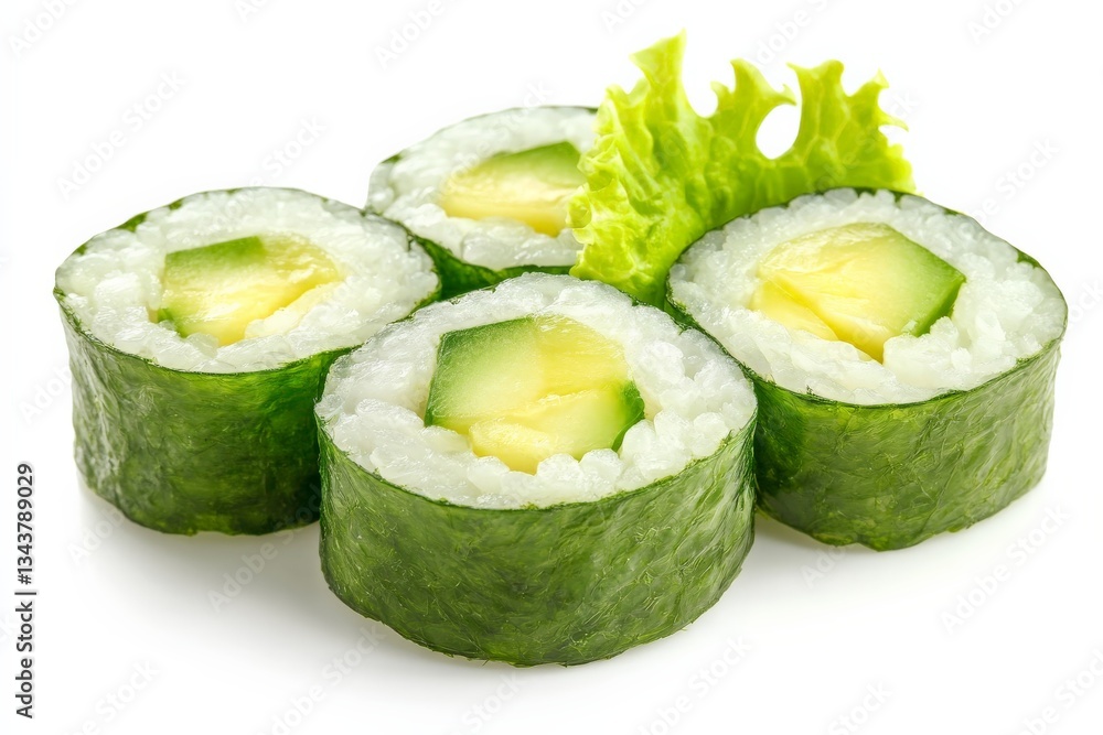 Aufkleber fresh cucumber sushi rolls arranged with green lettuce for a vibrant culinary presentation