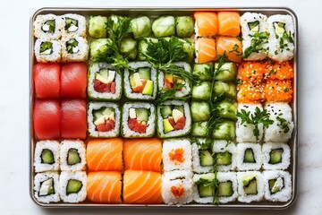 Colorful variety of sushi rolls arranged on a rectangular platter at a casual dining setting during lunch