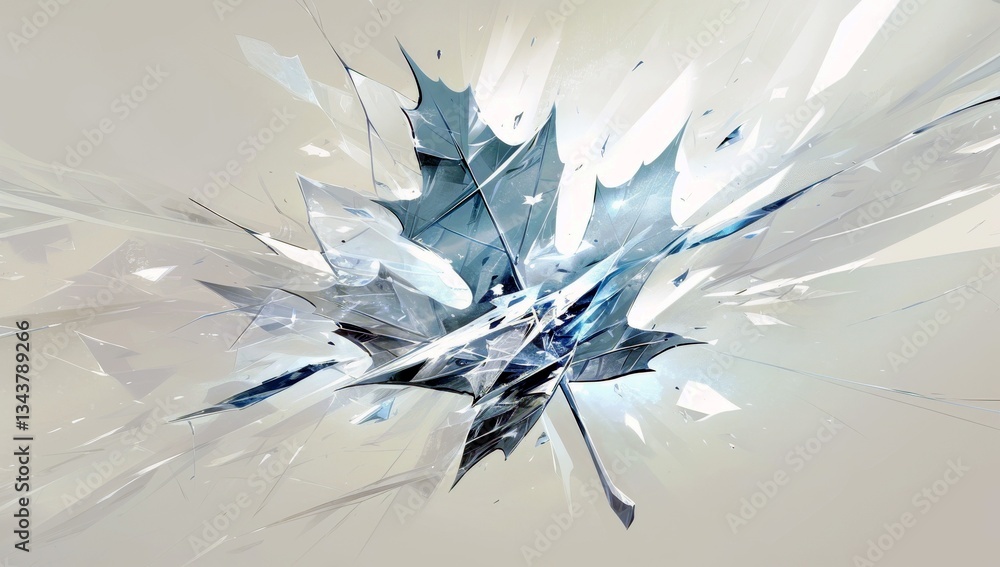 Poster a crystalized maple leaf surrounded by a soft glow and dynamic splashes of light to create an intrig