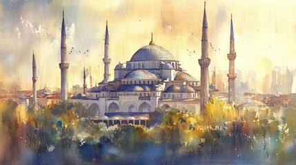 Naklejka premium Majestic watercolor depiction of a grand mosque with soaring minarets set against a vibrant city skyline