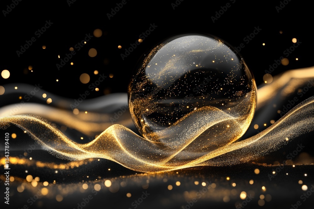 Poster Floating sphere on shimmering golden waves creates a mesmerizing visual display of light and texture