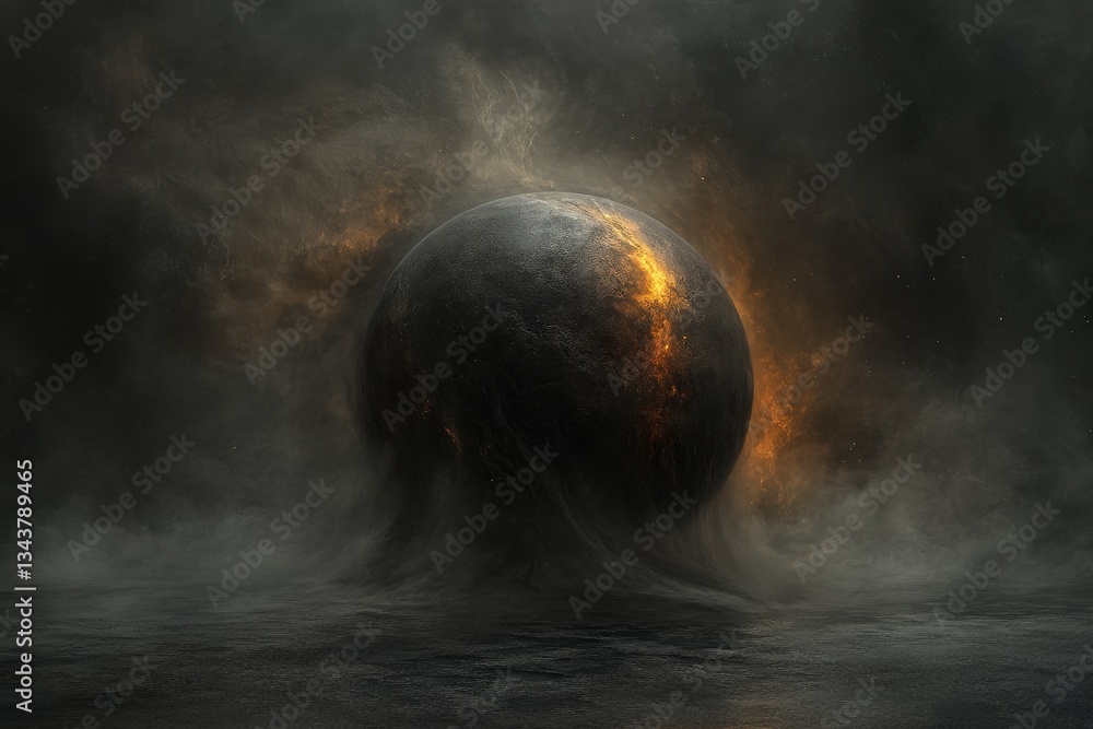 Aufkleber mysterious celestial sphere emitting fiery glow in a dark, foggy atmosphere captures the awe of the 