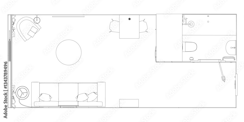 Poster a drawing of a room with a table and chairs. the table is round and the chairs are placed around it.