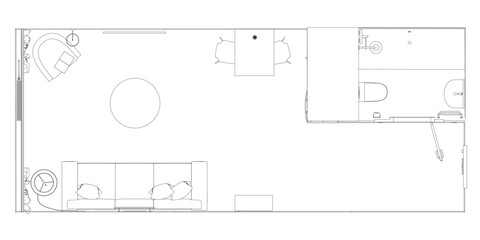 A drawing of a room with a table and chairs. The table is round and the chairs are placed around it. Top view