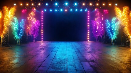 Naklejka premium Vibrant Stage Setting with Neon Lights and Decorative Floral Arrangements