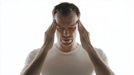 Man Rubbing Temples with Both Hands, Face Tense as if Suffering from a Migraine, Fully Isolated on White Background - Generated AI
