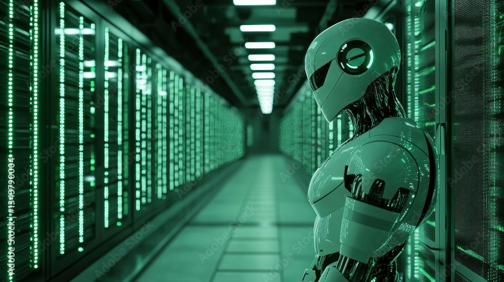 Poster futuristic green lit robot standing in a high tech data center, showcasing advanced technology and i