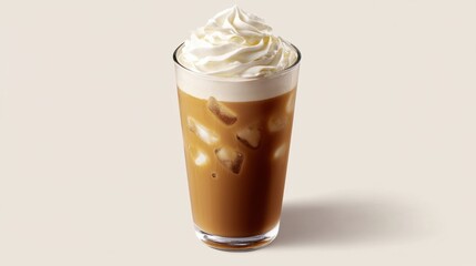 A glass of iced coffee with ice cubes, topped with whipped cream, styled with a refreshing summer aesthetic