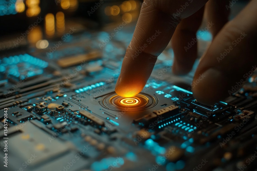 Poster advanced technology interface being activated with a finger touch on a circuit board at night