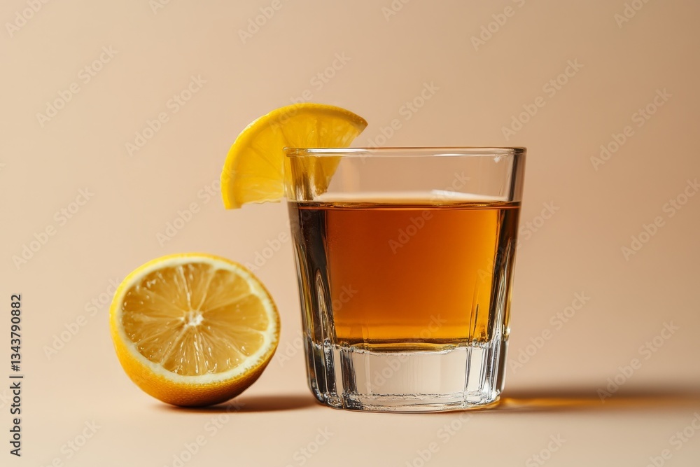 Poster refreshing citrus drink served in a glass with a lemon wedge on a neutral background