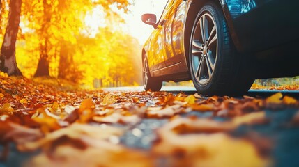 A sleek car parked on a leaf-strewn road during a vibrant autumn sunset, showcasing nature's colorful transformation