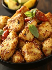 Delicious cooked chicken pieces garnished with herbs and tomatoes