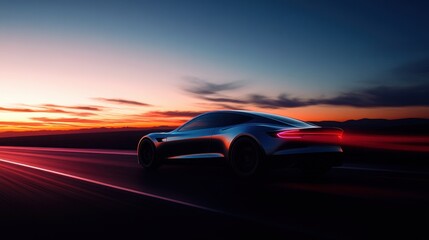 Sleek car driving fast at sunset