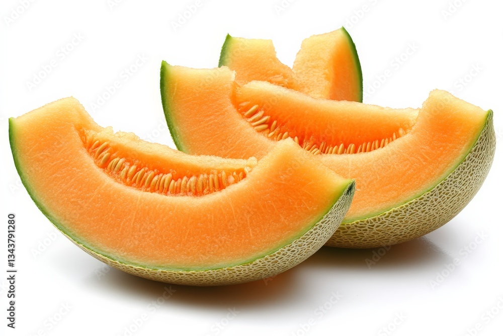 Poster fresh cantaloupe slices arranged on a clean surface showcasing vibrant color and texture, perfect fo