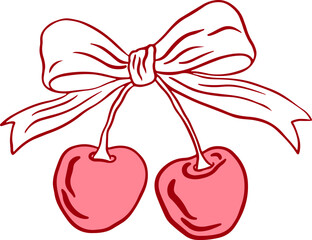 Coquette cherry with bow. Doodle line art trendy girly berry, romantic fruit decoration for Valentine day and invitations templates. Vintage elegant vector illustration.